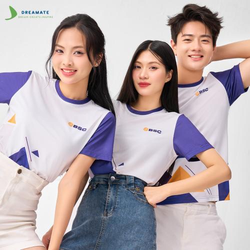 Áo đồng phục team building BSC trắng phối tím cam