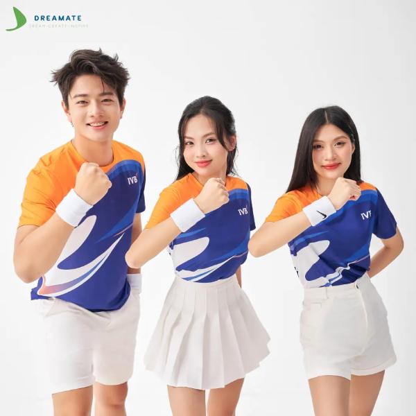 Áo đồng phục team building Indovina Bank xanh cam