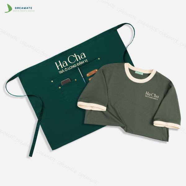Áo thun phối cổ & tạp dề ngắn đồng phục