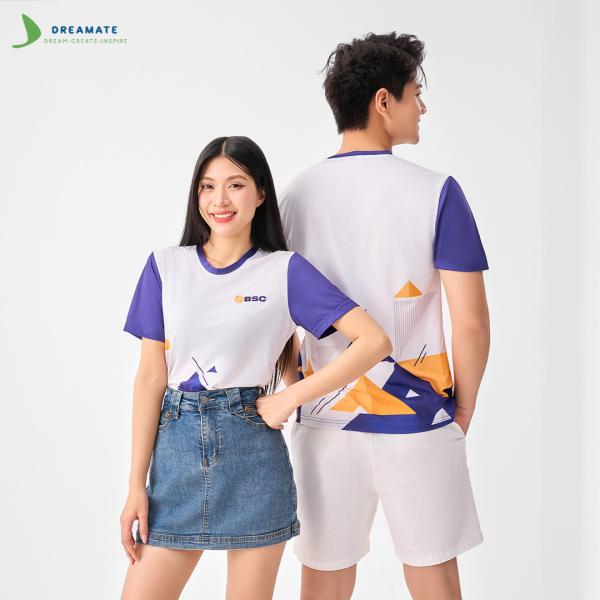 Áo đồng phục team building BSC trắng phối tím cam