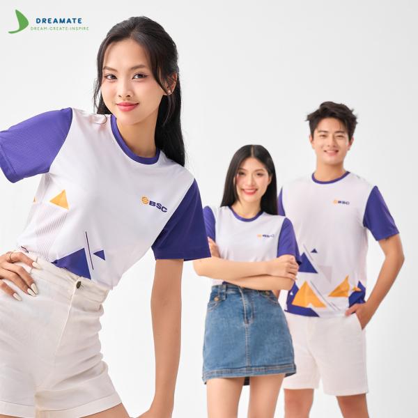 Áo đồng phục team building BSC trắng phối tím cam