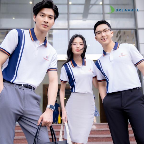 Áo polo đồng phục trắng phối xanh navy Tôn Đông Á